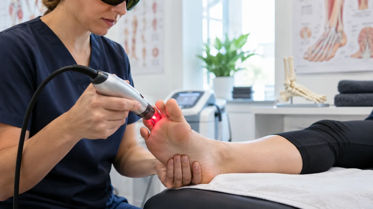 Plantar fasiit ve topuk altı ağrısında lazer tedavisini gösteren gerçekçi klinik fotoğraf – Bodrum