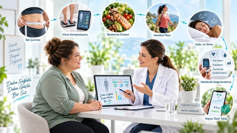 Kilo yönetimi ve metabolik sağlık değerlendirmesinde bel çevresi, vücut kompozisyonu, beslenme, hareket, uyku ve metabolik izlemi anlatan temsili görsel