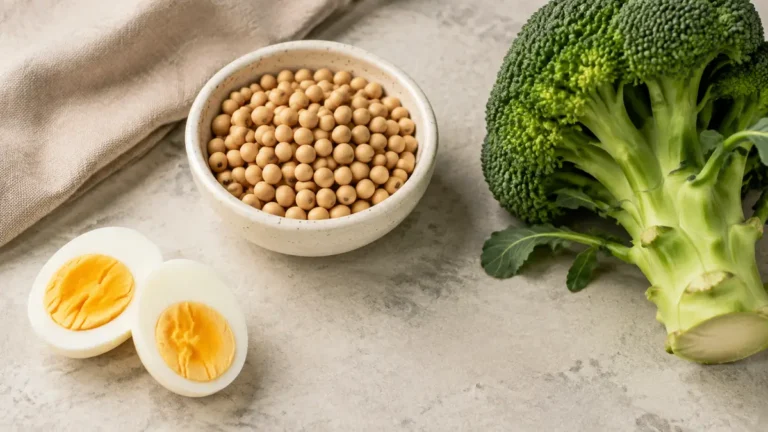 Kolin kaynaklarını temsil eden yumurta, soya fasulyesi ve brokoli