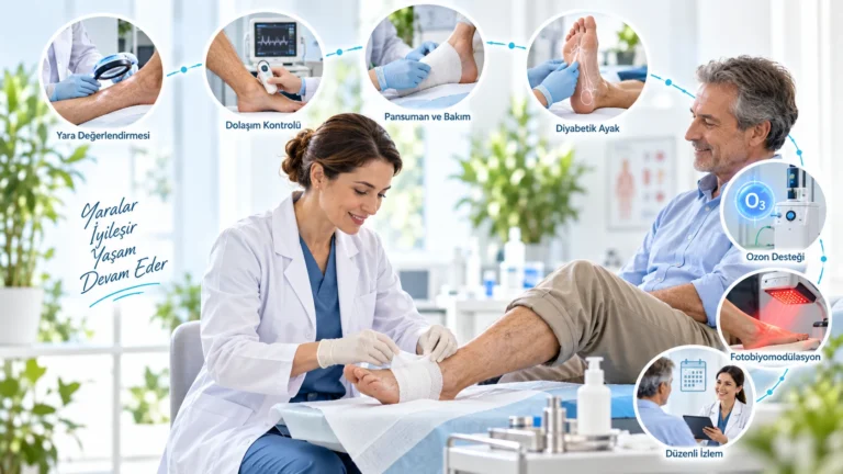 Kronik yara ve diyabetik ayak değerlendirmesinde yara bakımı, dolaşım kontrolü, pansuman, ozon desteği ve fotobiyomodülasyonu anlatan temsili klinik görsel
