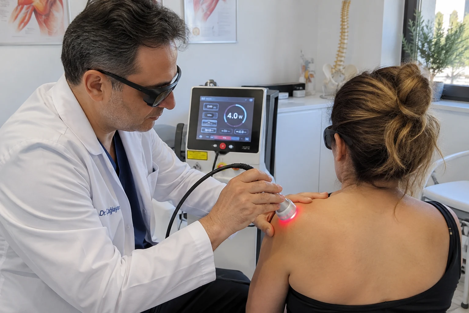 Omuz ağrısında 980 nm lazer tedavisi uygulayan hekim ve hasta, klinik lazer ağrı tedavisi