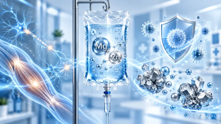 Magnezyum (Mg) ve çinko (Zn) içeren IV serum torbası ile sinir, kas ve bağışıklık sistemini simgeleyen öğeler