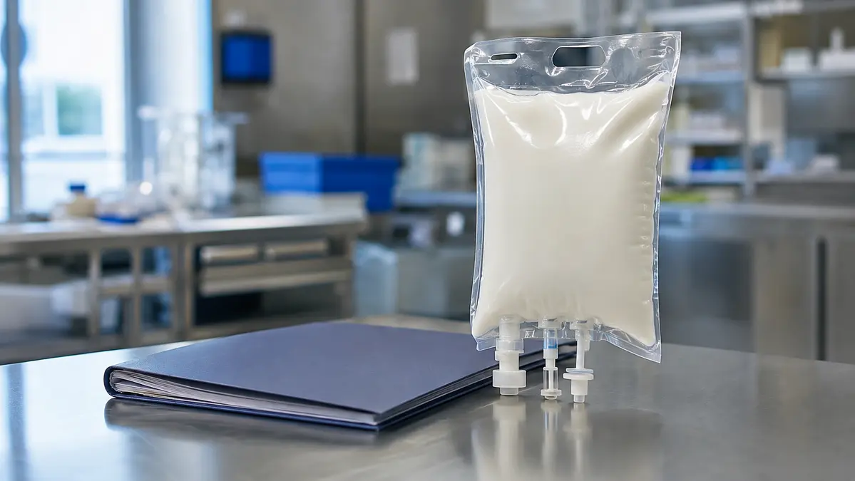 Parenteral lipid beslenmesini temsil eden beyaz emülsiyon torbası
