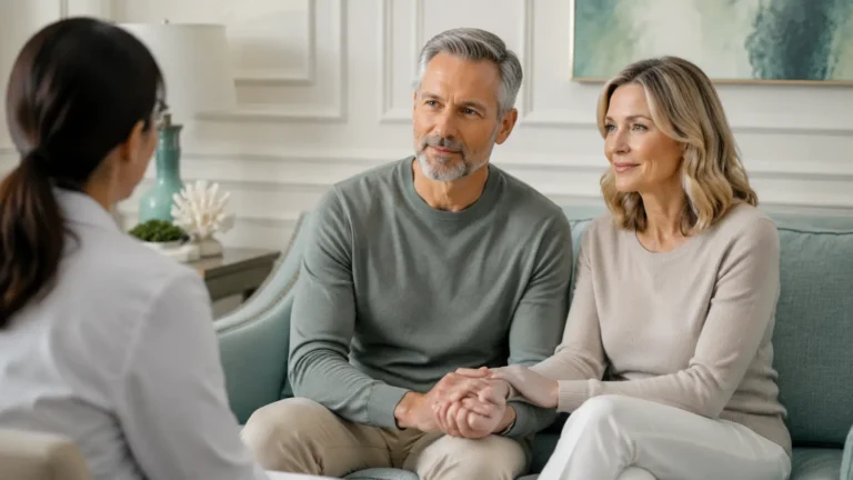 Cinsel sağlık danışmanlığını temsil eden yetişkin çift sahnesi
