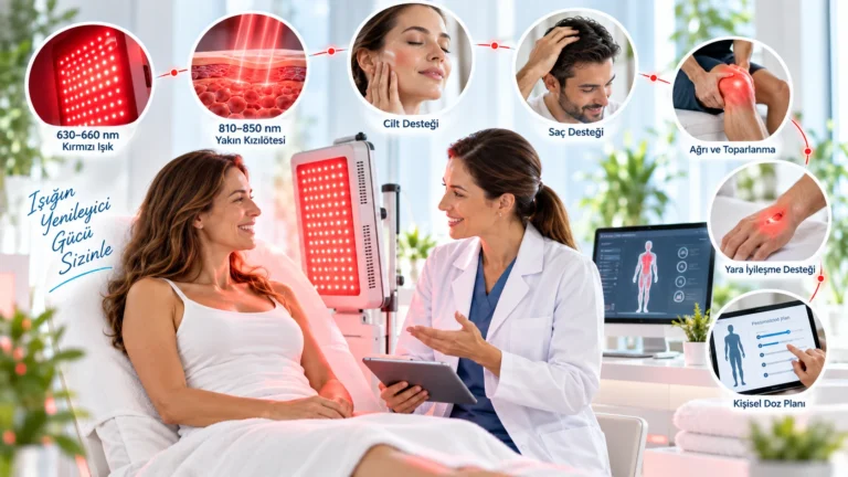 Red light terapi ve fotobiyomodülasyon uygulamasında kırmızı ve yakın kızılötesi ışık kullanımını anlatan temsili klinik görsel