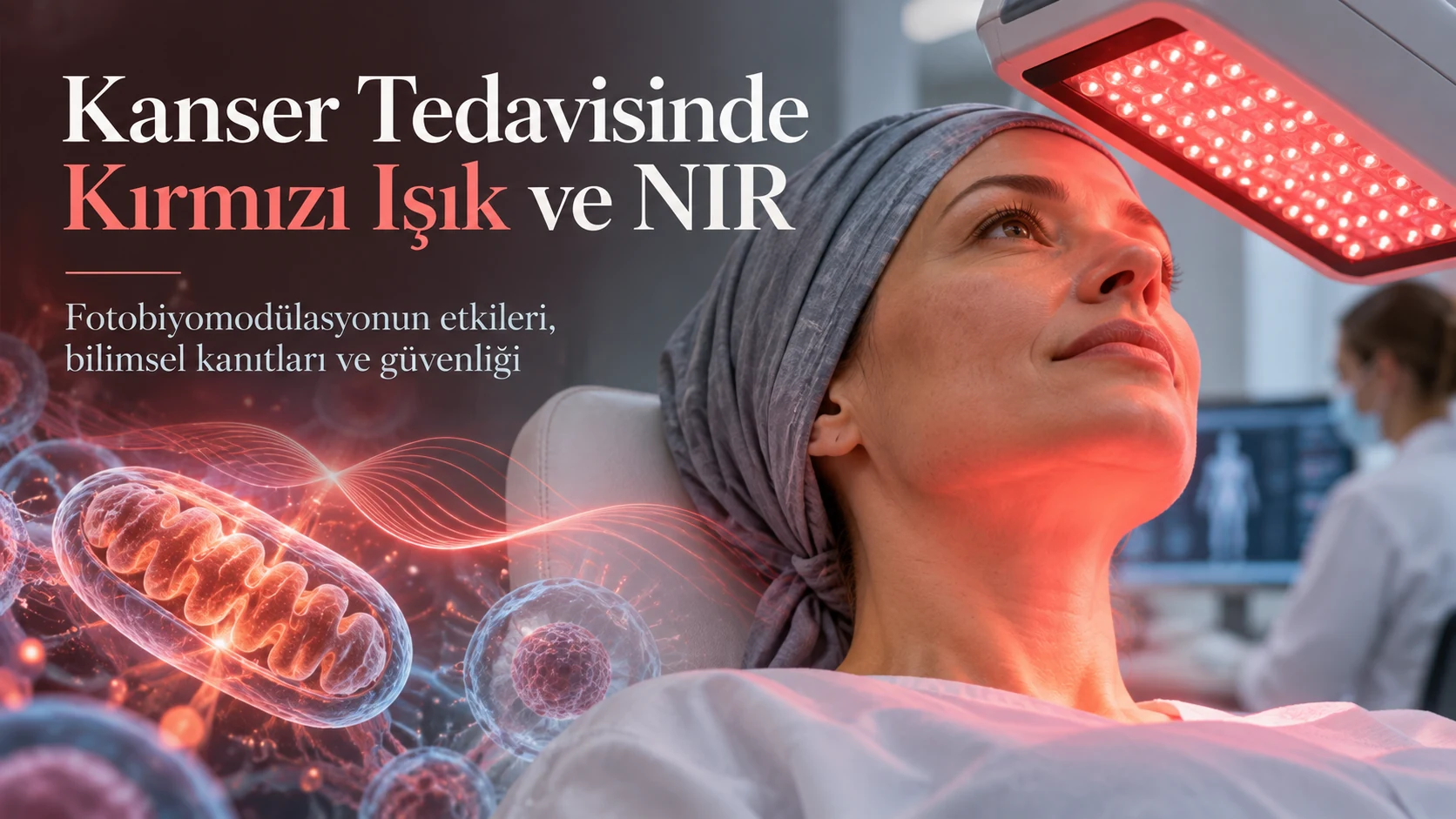 Kanser tedavisinde destekleyici bakımda kırmızı ışık ve yakın kızılötesi ışık (NIR) ile fotobiyomodülasyonu temsil eden tıbbi kapak görseli